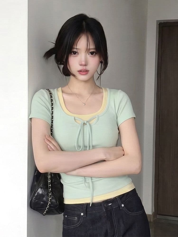 한 부서 박하 녹색 긍정적 인 어깨 반팔 티셔츠 여성 여름 허리 수축 쇼트 스타일 페이크 레이어드 맨위 상세 이미지 6