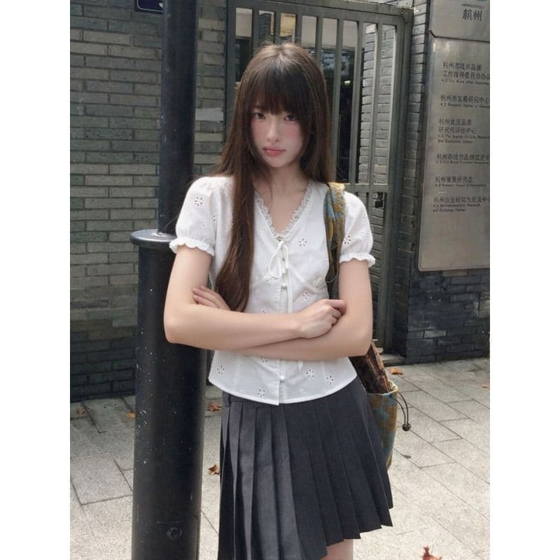 원본 원단 있음 네리 프랑스식 레이스 V넥 여성 셔츠 여름 거품 소매 허리 수축 화이트 셔츠 이미지 5