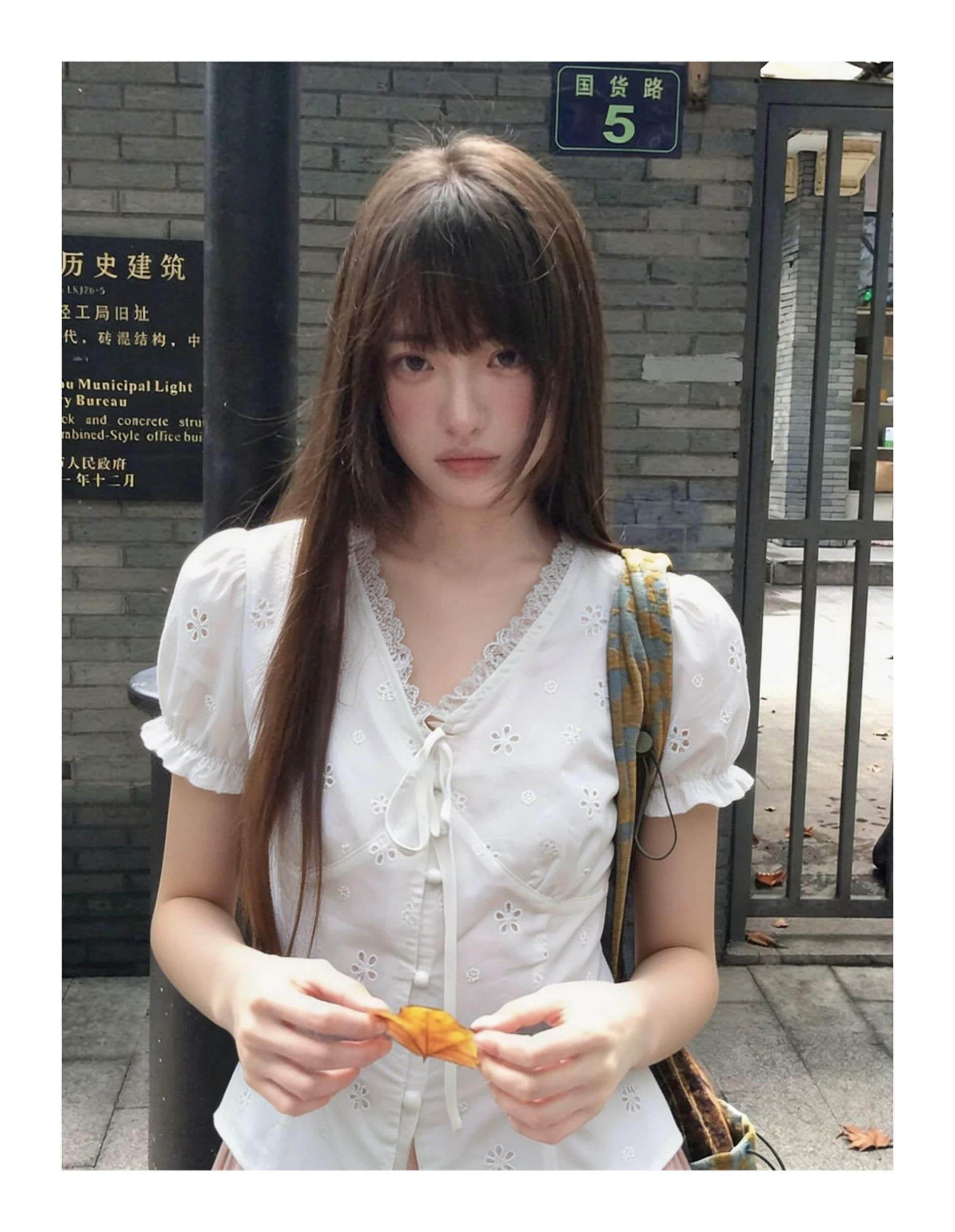 원본 원단 있음 네리 프랑스식 레이스 V넥 여성 셔츠 여름 거품 소매 허리 수축 화이트 셔츠 상세 이미지 2