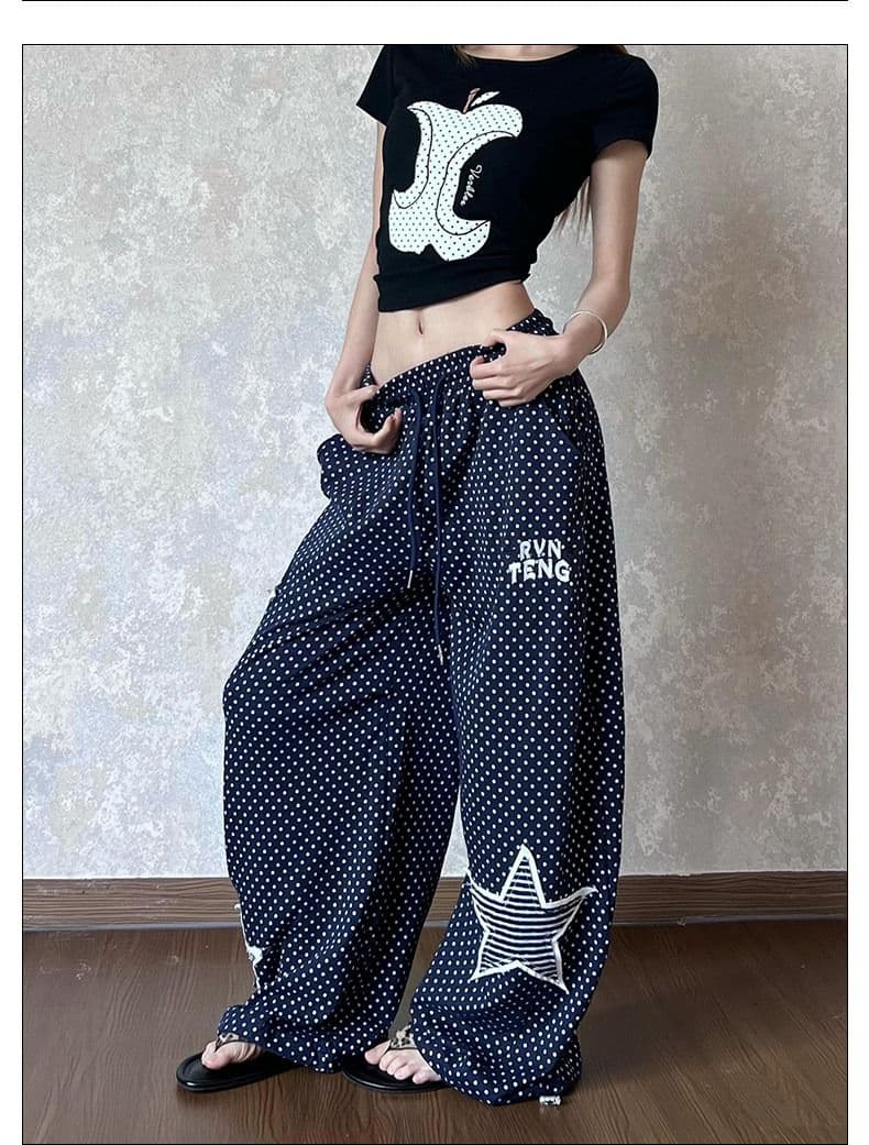 원본 면 컬러 짜임 별 패치 자수 도트 무늬 웨이 바지 여성 빛 아시아 인 바람 와이드 레그 팬츠 느긋한 도루 센스 캐주얼 바지 상세 이미지 8