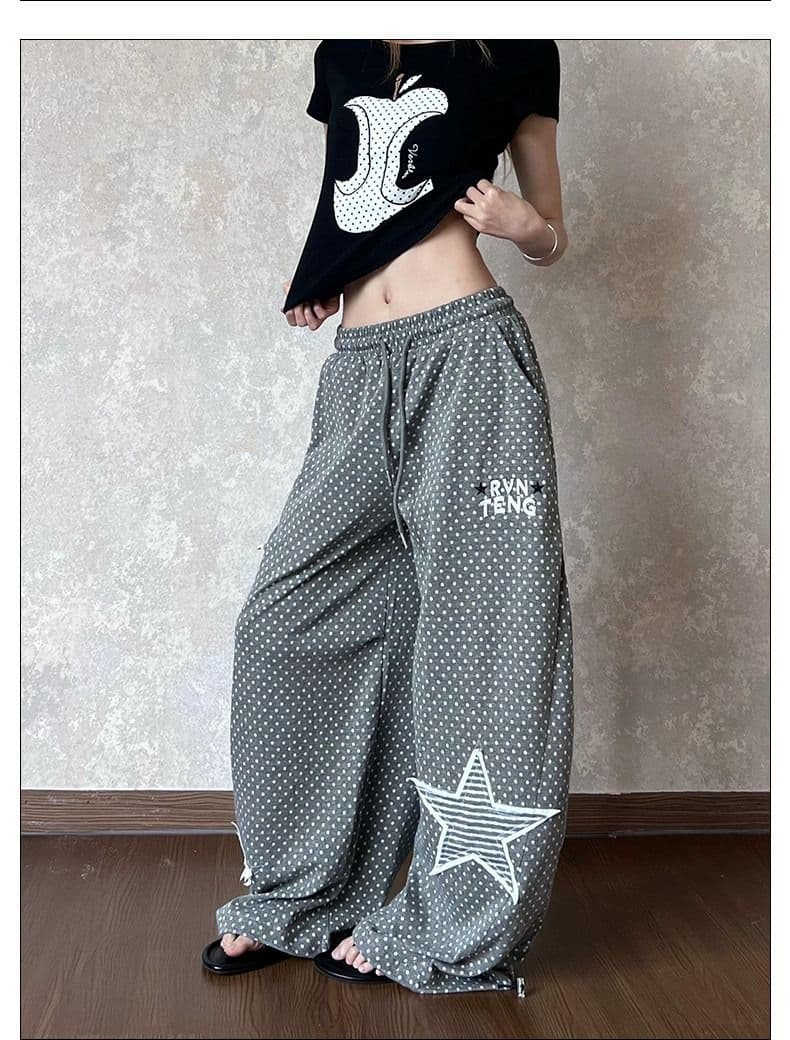 원본 면 컬러 짜임 별 패치 자수 도트 무늬 웨이 바지 여성 빛 아시아 인 바람 와이드 레그 팬츠 느긋한 도루 센스 캐주얼 바지 상세 이미지 12