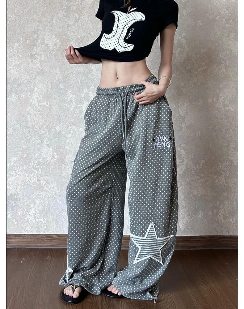 원본 면 컬러 짜임 별 패치 자수 도트 무늬 웨이 바지 여성 빛 아시아 인 바람 와이드 레그 팬츠 느긋한 도루 센스 캐주얼 바지 상세 이미지 13