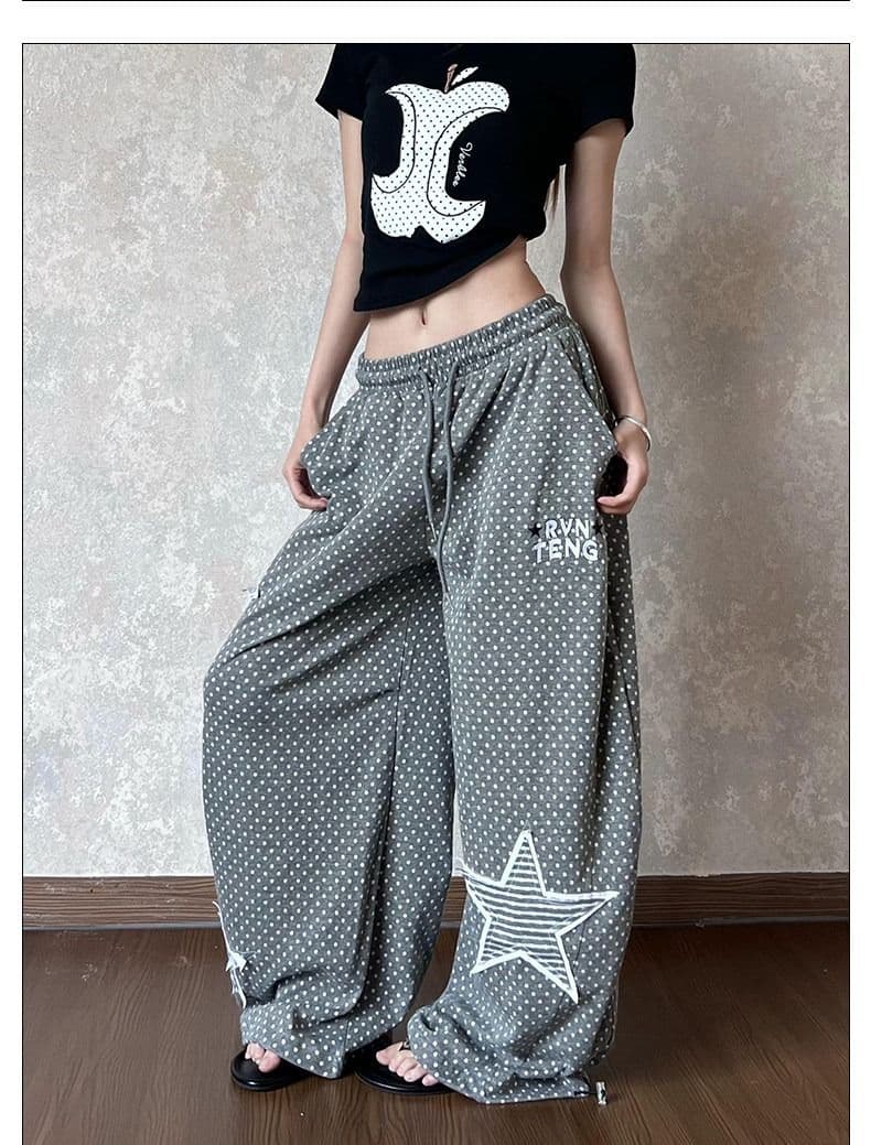 원본 면 컬러 짜임 별 패치 자수 도트 무늬 웨이 바지 여성 빛 아시아 인 바람 와이드 레그 팬츠 느긋한 도루 센스 캐주얼 바지 상세 이미지 15
