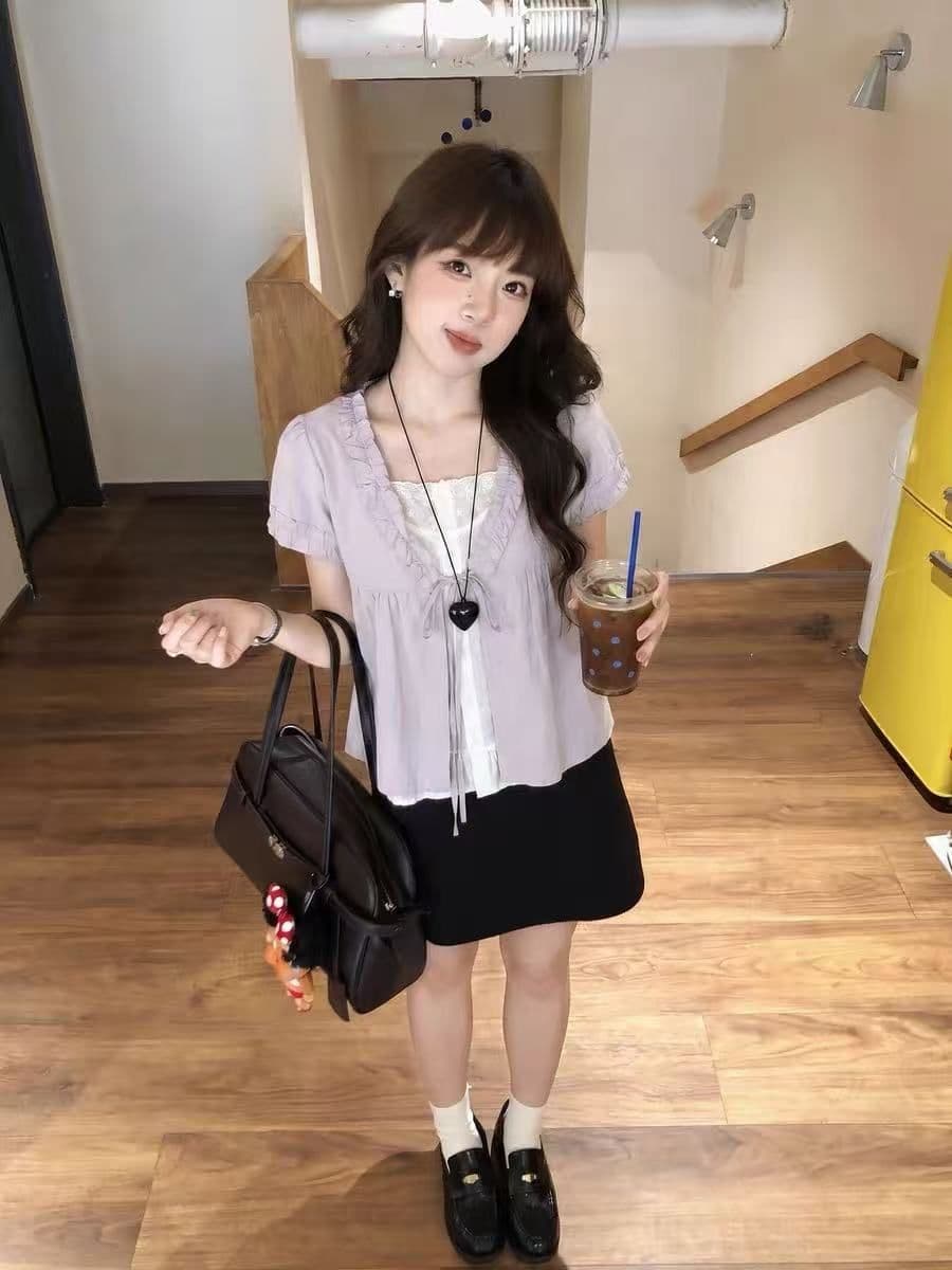 정가 프릴 보라색 페이크 레이어드 셔츠 반팔 여성 2026 여름 새로운 슬림해 보이는 품격 꼬집기 허리 위로 의류 상세 이미지 3