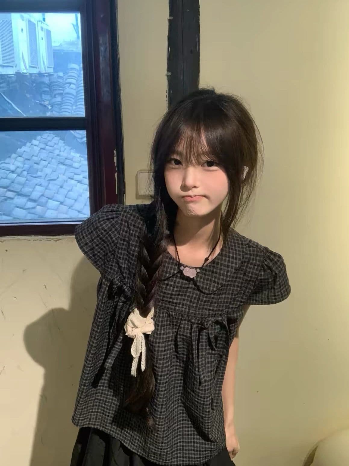 원본 명중 에디션 좋은 품질 솜씨 원본 광저우 원단 베이비 칼라 검정색 격자 무늬 셔츠 이미지 2