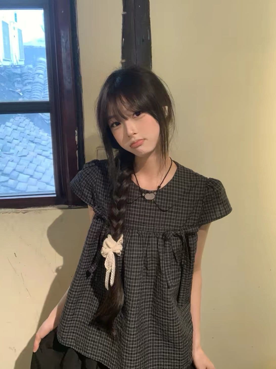 원본 명중 에디션 좋은 품질 솜씨 원본 광저우 원단 베이비 칼라 검정색 격자 무늬 셔츠 이미지 3
