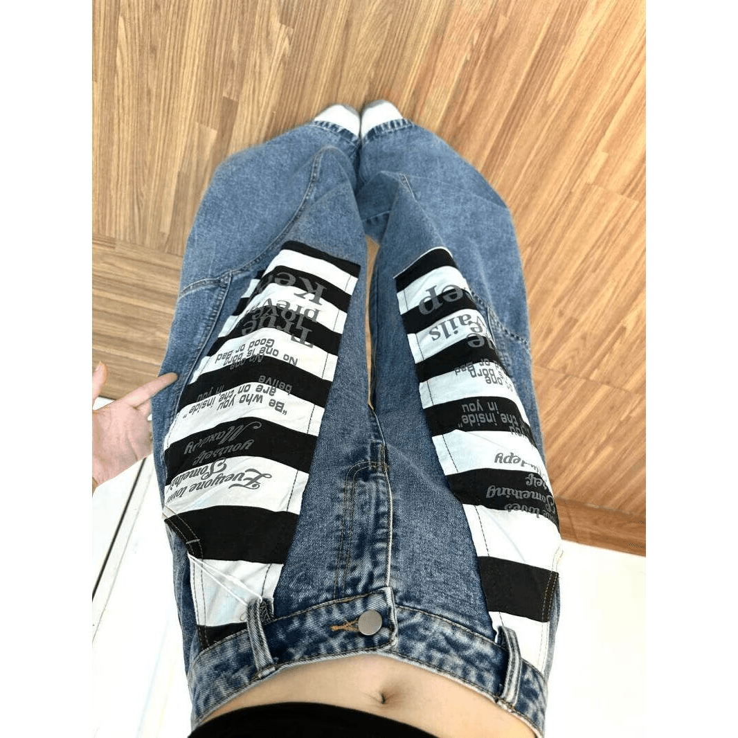 아메리칸 레트로 높음 거리 청바지 남녀 디자인 센스 모통이 칼 루즈핏 패치워크 알파벳 스트라이프 넓은 다리 바닥 청소 긴 바지 이미지 3