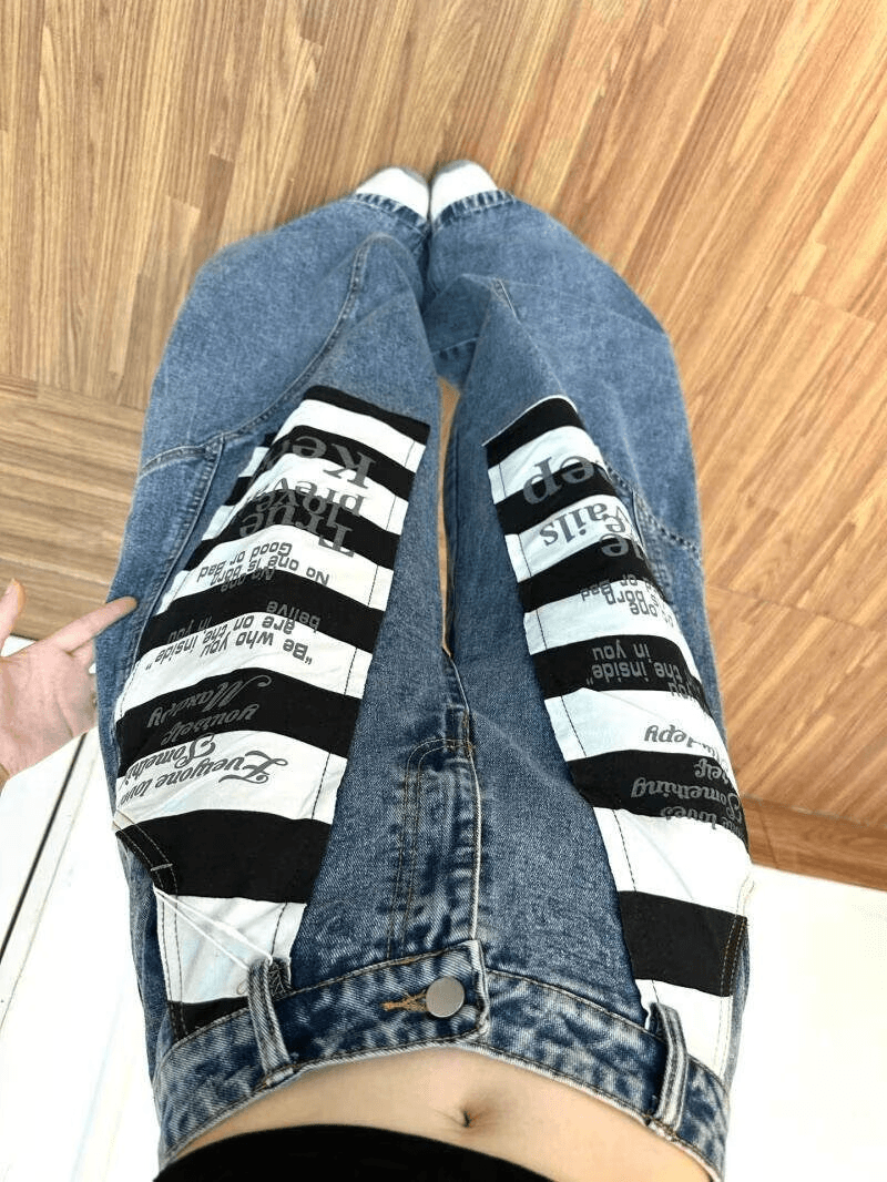 아메리칸 레트로 높음 거리 청바지 남녀 디자인 센스 모통이 칼 루즈핏 패치워크 알파벳 스트라이프 넓은 다리 바닥 청소 긴 바지 상세 이미지 2