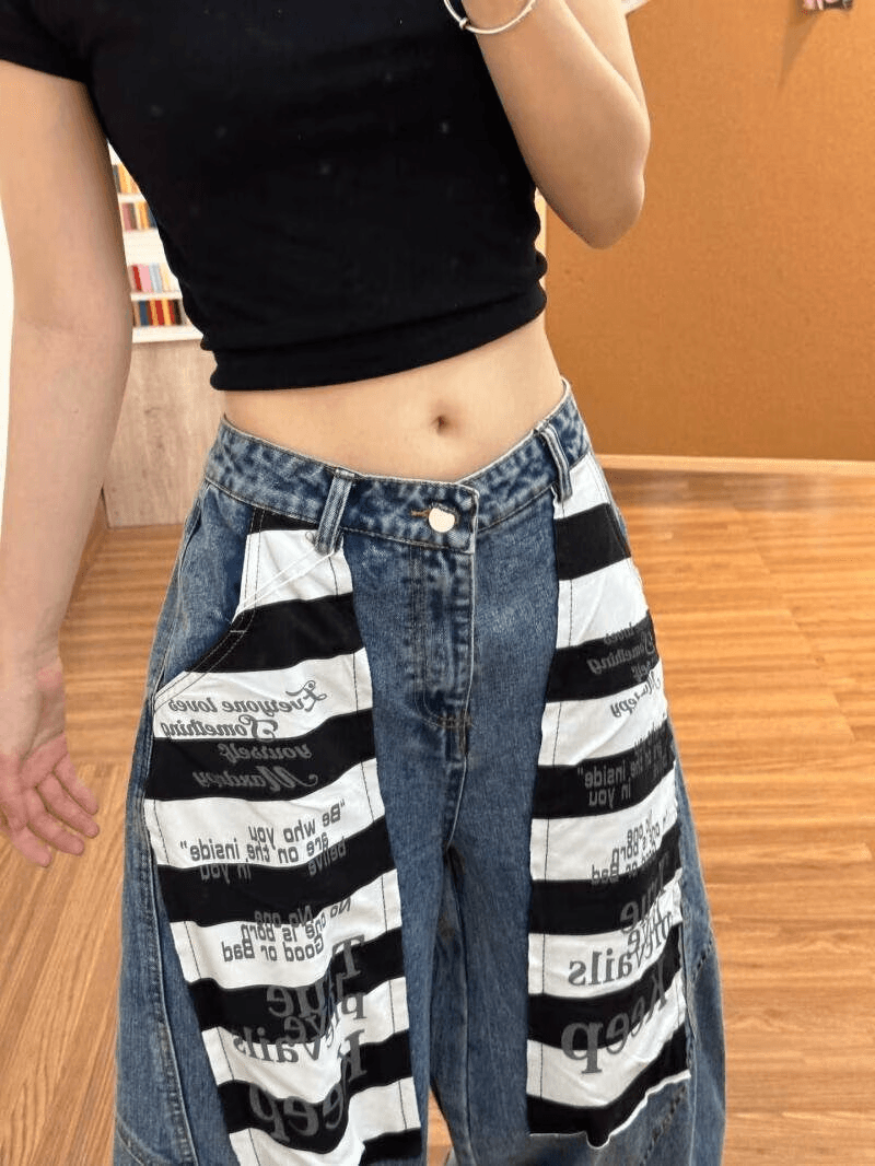 아메리칸 레트로 높음 거리 청바지 남녀 디자인 센스 모통이 칼 루즈핏 패치워크 알파벳 스트라이프 넓은 다리 바닥 청소 긴 바지 상세 이미지 3