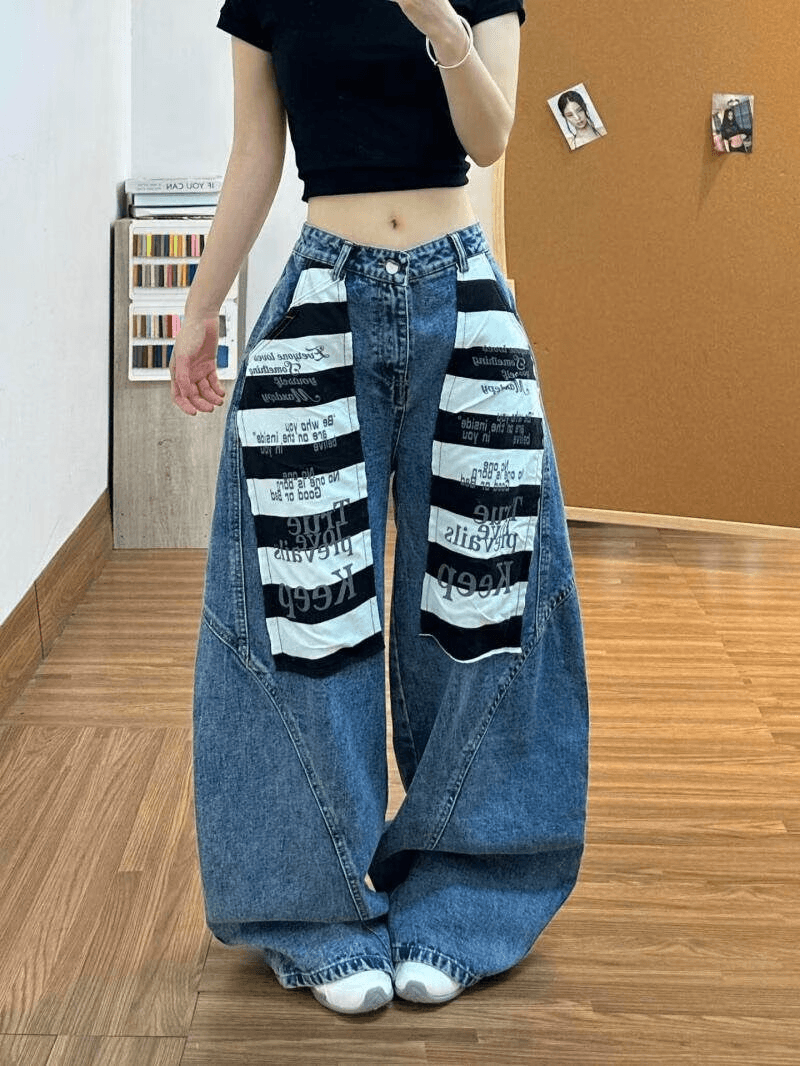 아메리칸 레트로 높음 거리 청바지 남녀 디자인 센스 모통이 칼 루즈핏 패치워크 알파벳 스트라이프 넓은 다리 바닥 청소 긴 바지 상세 이미지 4