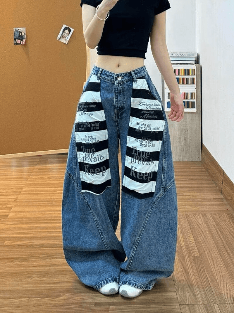아메리칸 레트로 높음 거리 청바지 남녀 디자인 센스 모통이 칼 루즈핏 패치워크 알파벳 스트라이프 넓은 다리 바닥 청소 긴 바지 상세 이미지 5