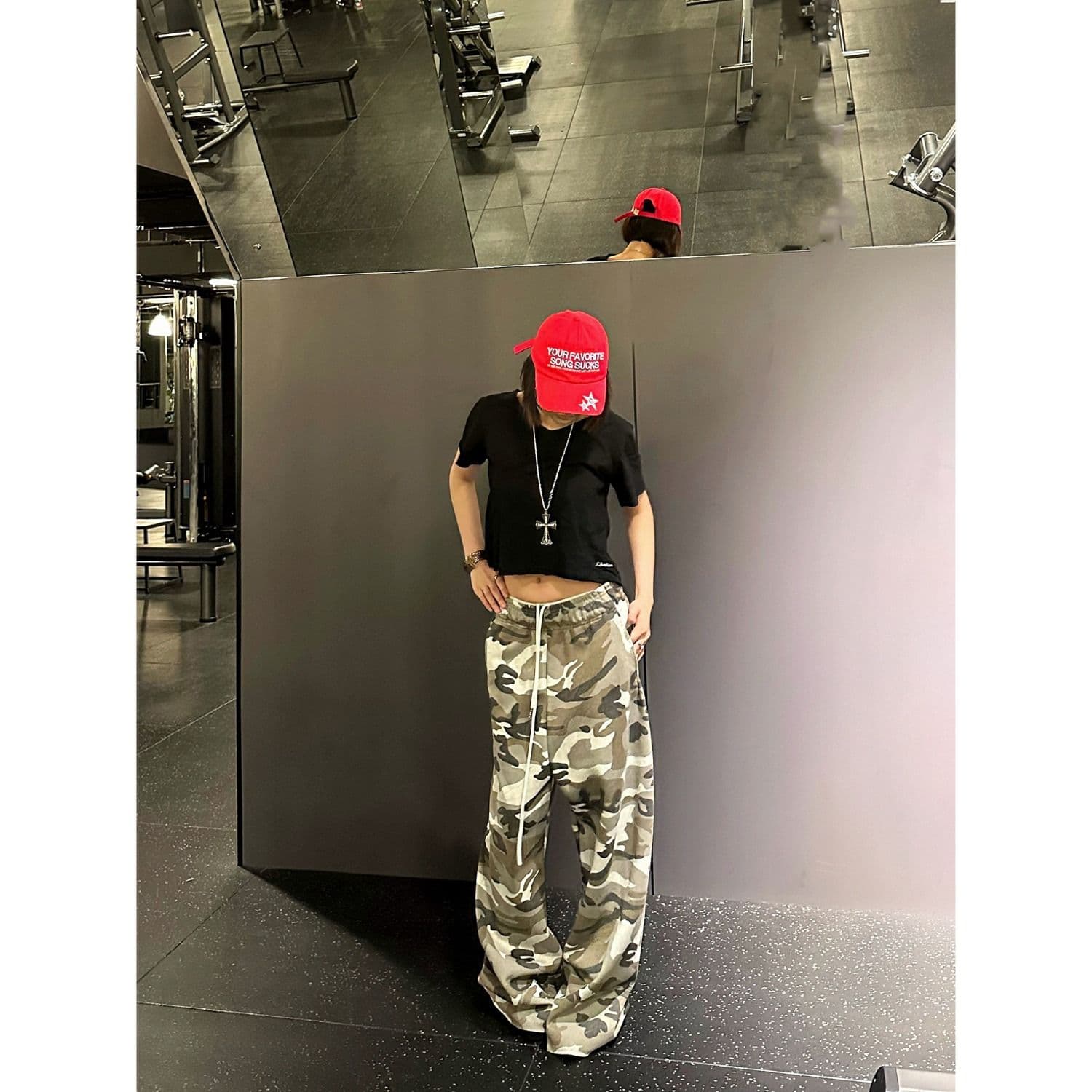 순면 워터 마크 아메리칸 레트로 느긋한 바람 펌프 로프 카모플라주 워크웨어 캐주얼 바지 남녀 루즈핏 넓은 다리 길이 바지 이미지 5