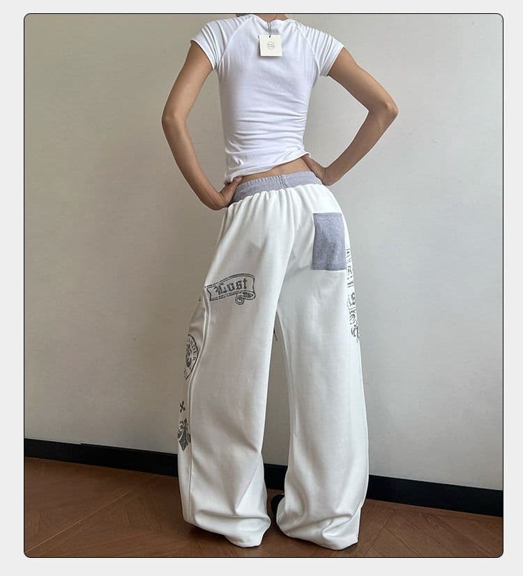 순면 복합 허리 머리 패치워크 알파벳 프린트 펌프 로프 넓은 다리 캐주얼 바지 남녀 재즈 춤추기 조수 브랜드 바지 상세 이미지 5