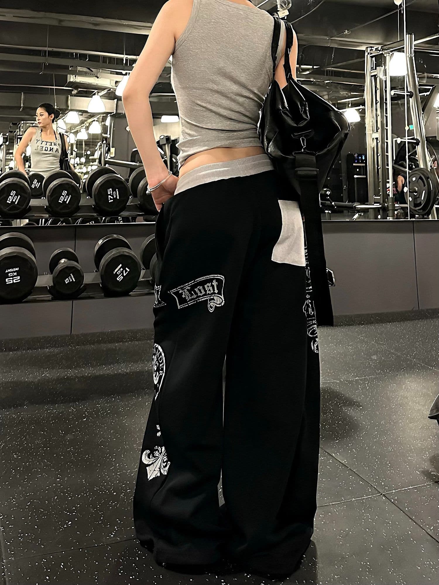 순면 복합 허리 머리 패치워크 알파벳 프린트 펌프 로프 넓은 다리 캐주얼 바지 남녀 재즈 춤추기 조수 브랜드 바지 상세 이미지 9