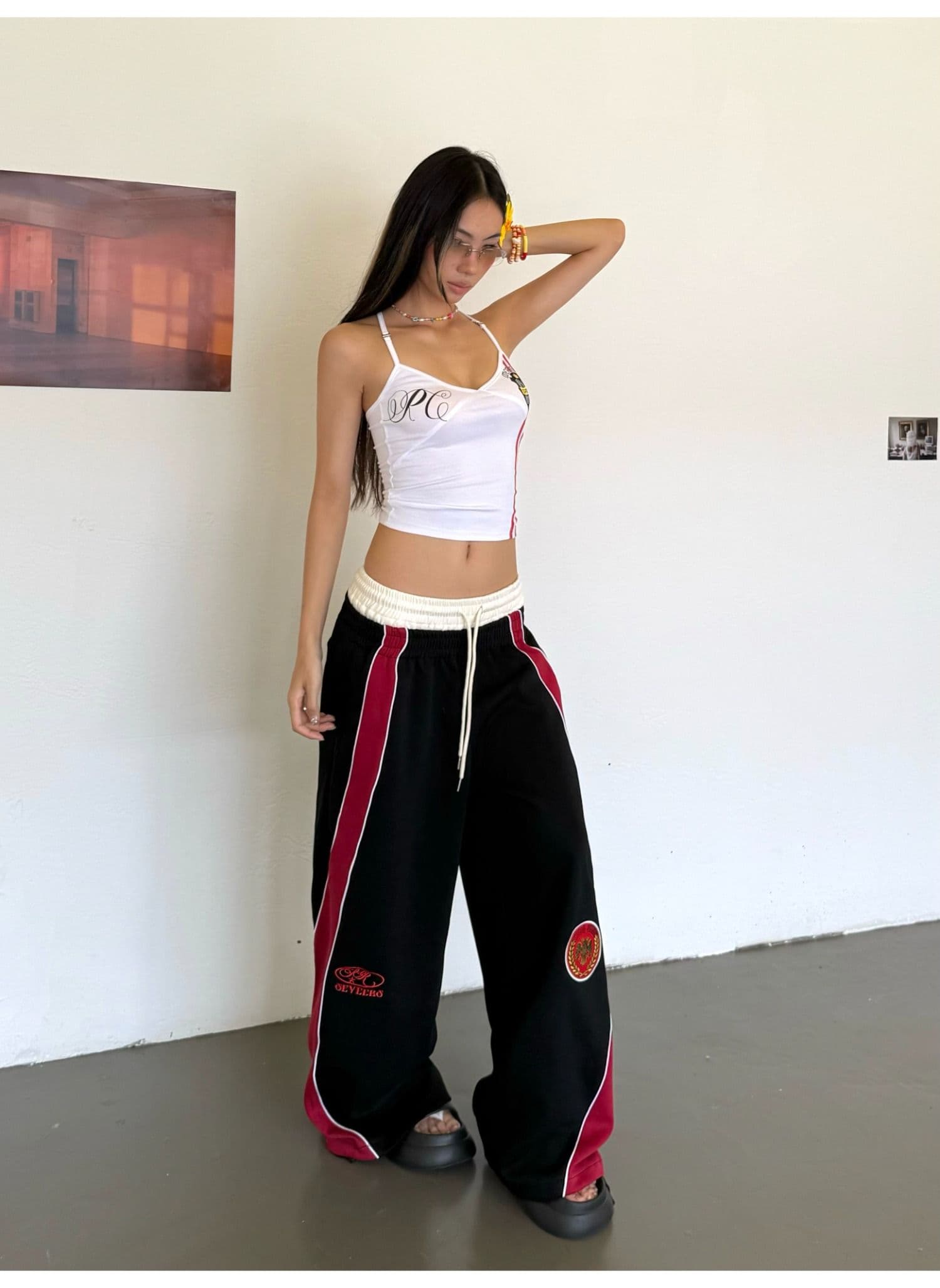 순면 더블 허리 머리 아메리칸 더블 머리 허리 휘장 자수 디자인 웨이 바지 루즈핏 넓은 다리 도루 센스 캐주얼 긴 바지 상세 이미지 5