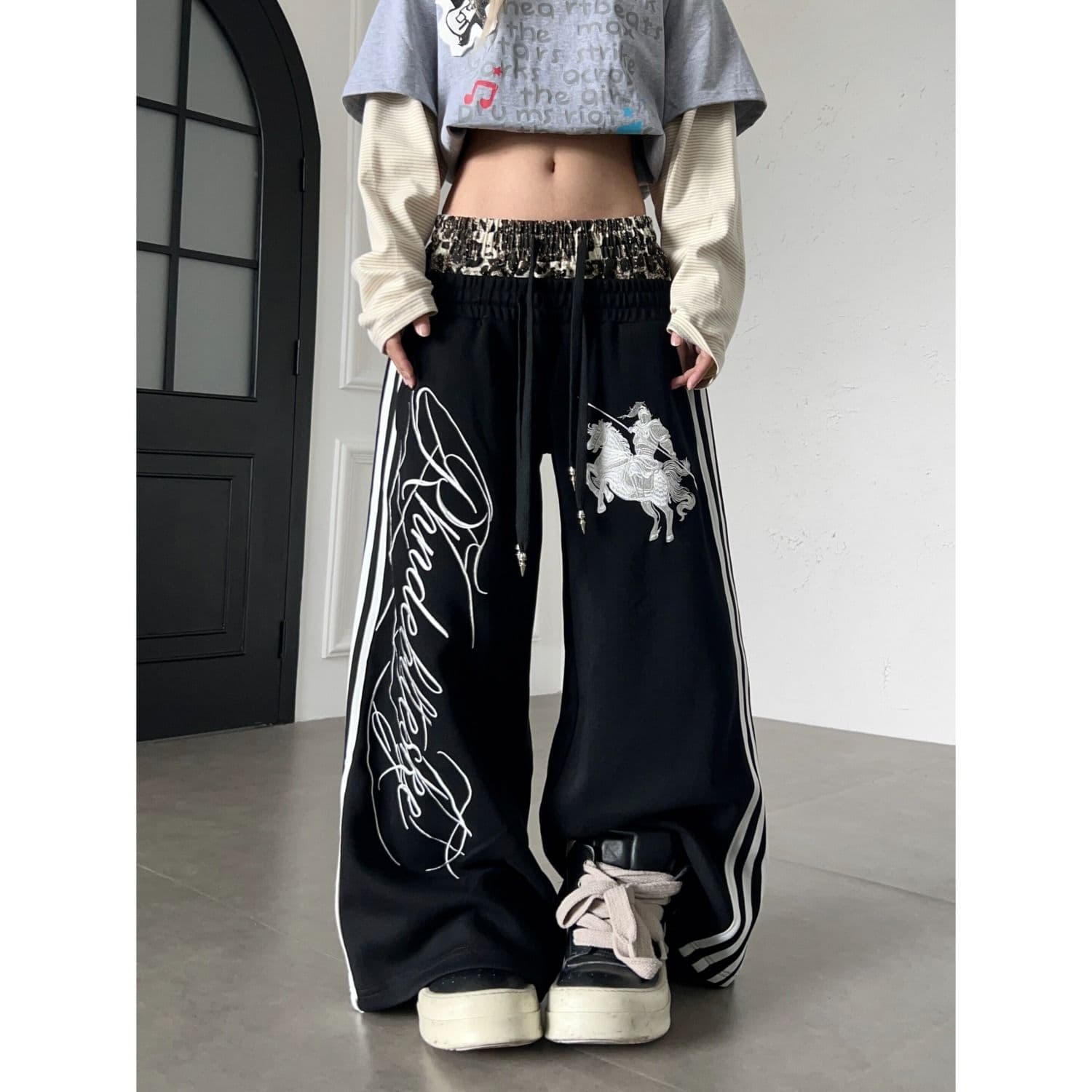 순면 복합 레오파드 무늬 더블 허리 머리 무거운 자수 거리 루즈핏 스트레이트 웨이 바지 캐주얼 긴 바지 이미지 4