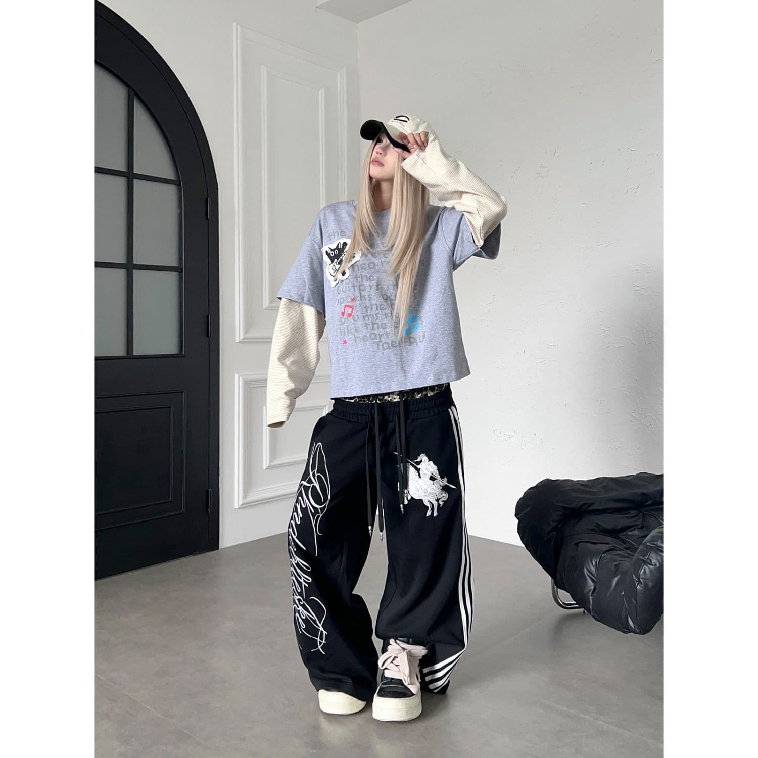 순면 복합 레오파드 무늬 더블 허리 머리 무거운 자수 거리 루즈핏 스트레이트 웨이 바지 캐주얼 긴 바지 이미지 5