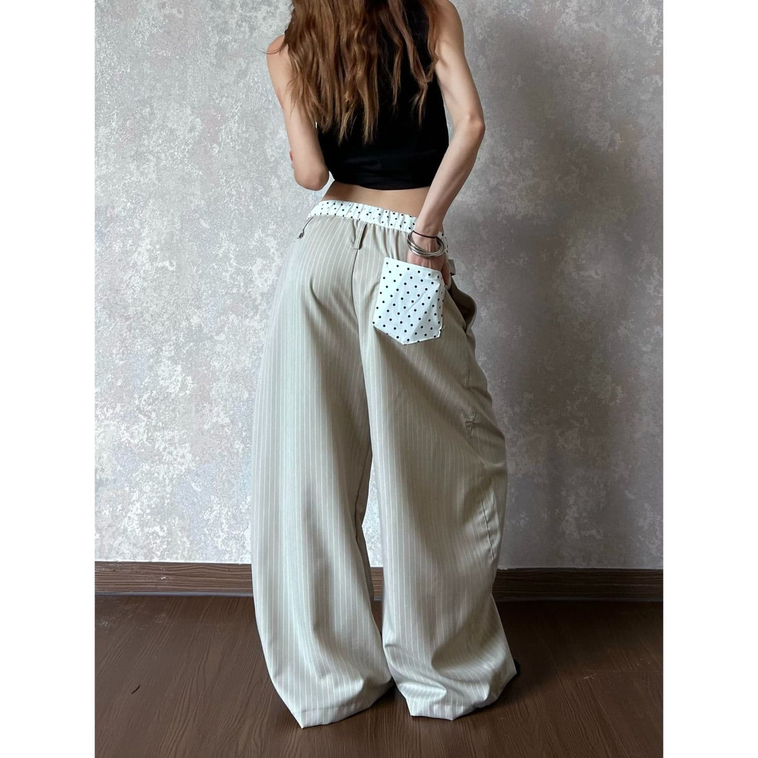 원본 스트라이프 천 아메리칸 레트로 스트라이프 더블 허리 머리 도트 무늬 패치워크 넓은 다리 캐주얼 바지 여성 루즈핏 바닥 청소 바지 이미지 4