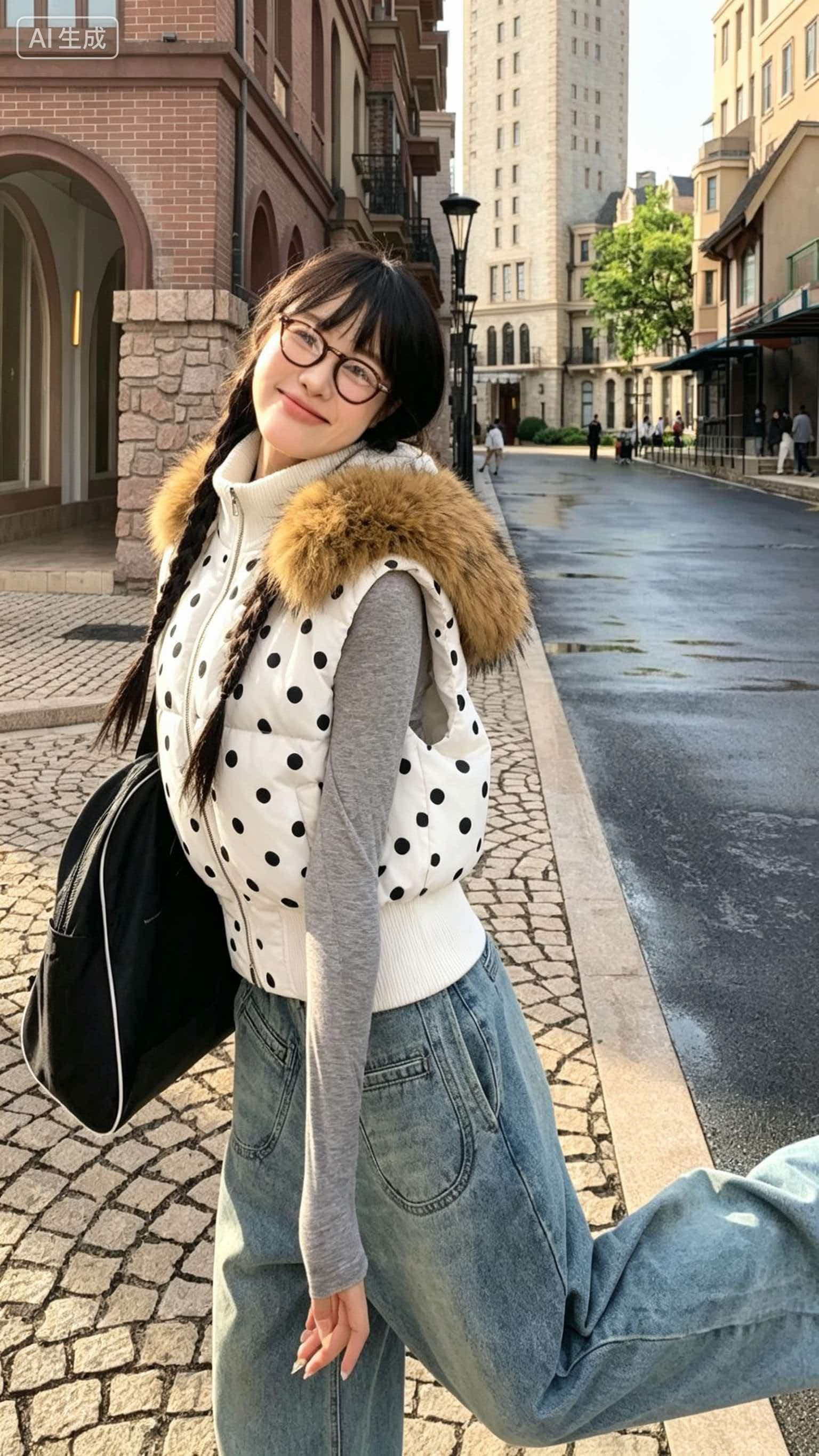 아메리칸 도트 무늬 탈착식 모자 민소매 면 베스트 여성 레저 모피 칼라 수 있습니다. 철거 스택 착용 재킷 상세 이미지 16