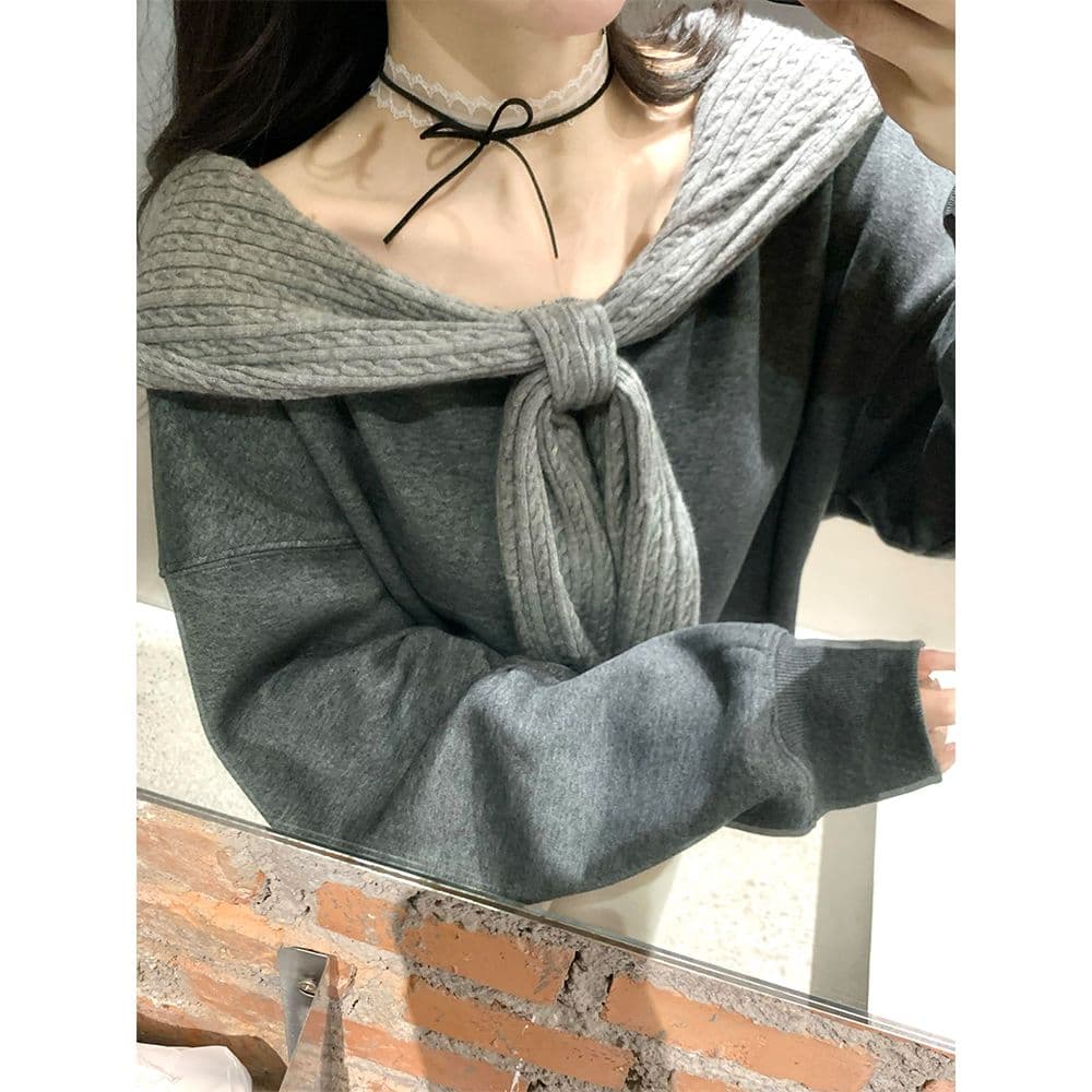 비스듬한 어깨 보트넥 루즈핏 풀오버 후드 티 스웨터 여성 가을 겨울 느긋한 느슨함 센스 오프숄더 맨위 상세 이미지 2