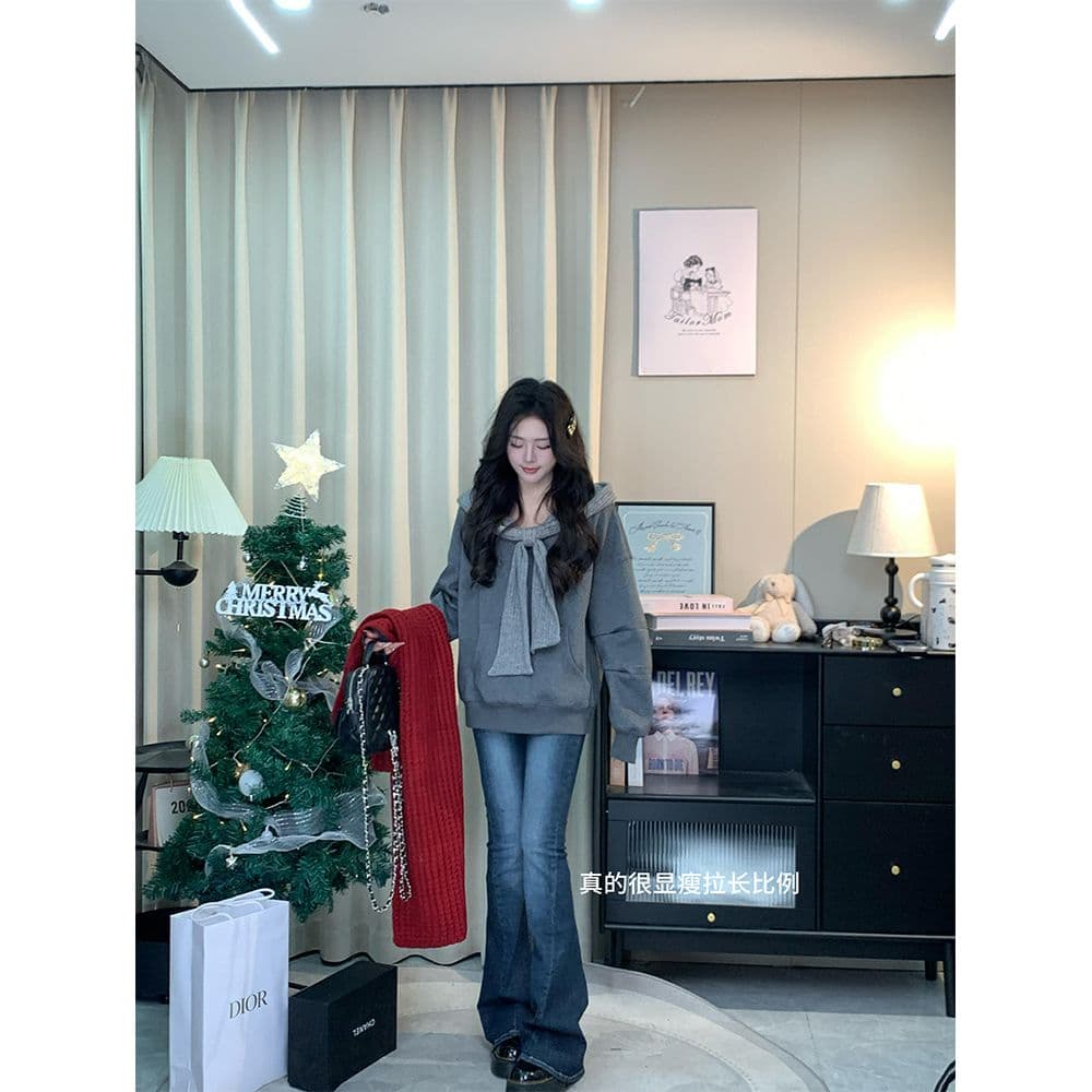 비스듬한 어깨 보트넥 루즈핏 풀오버 후드 티 스웨터 여성 가을 겨울 느긋한 느슨함 센스 오프숄더 맨위 상세 이미지 7
