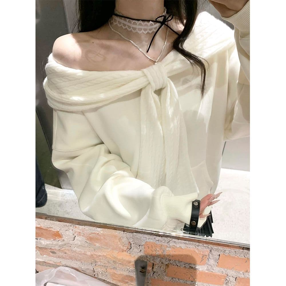 비스듬한 어깨 보트넥 루즈핏 풀오버 후드 티 스웨터 여성 가을 겨울 느긋한 느슨함 센스 오프숄더 맨위 상세 이미지 8
