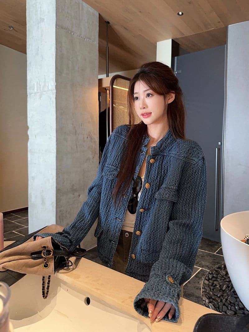 오래된 돈 바람 질감 센스 데님 샤오시엔 재킷 여자 가을 2026 새로운 파란색 h 종류 스탠드 칼라 재킷 맨위 상세 이미지 6