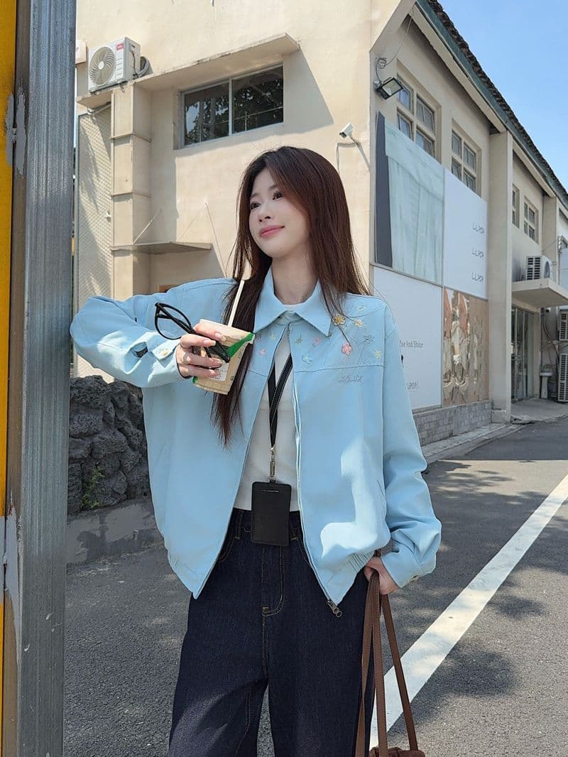 정가 도파민 파란색 자수 폴로 칼라 여성 코트 가을 디자인 센스 작은 대중 3 차원 꽃 야구 유니폼 재킷 상세 이미지 11