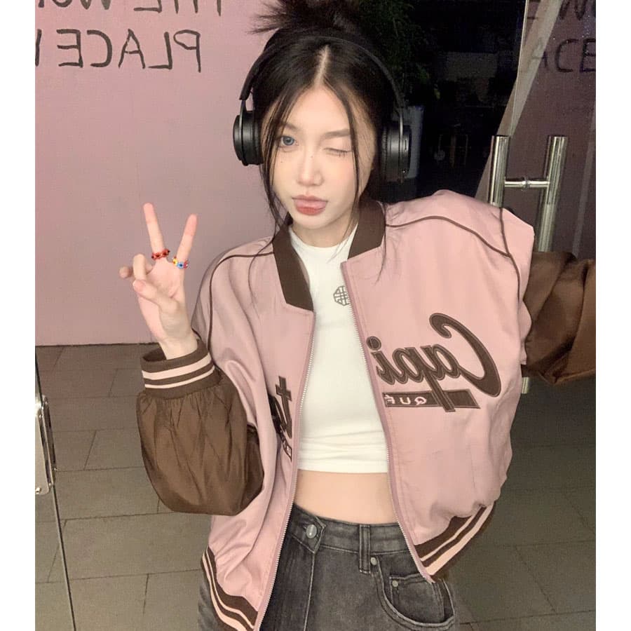 아메리칸 복잡한 고대 국가 트렌디 패치워크 배색 쇼트 스타일 야구 유니폼 가을 겨울 긴팔 캐주얼 느긋한 학원 여성 코트 이미지 4