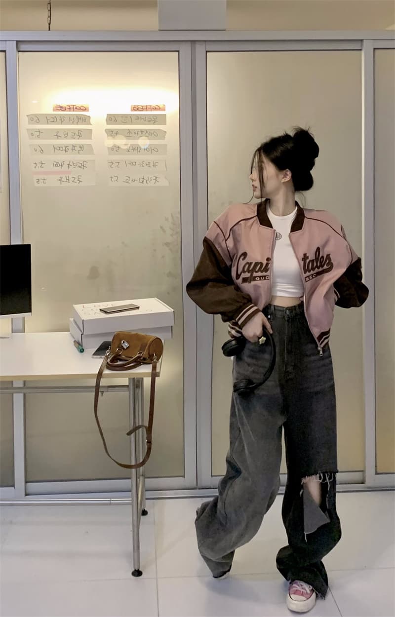 아메리칸 복잡한 고대 국가 트렌디 패치워크 배색 쇼트 스타일 야구 유니폼 가을 겨울 긴팔 캐주얼 느긋한 학원 여성 코트 상세 이미지 12