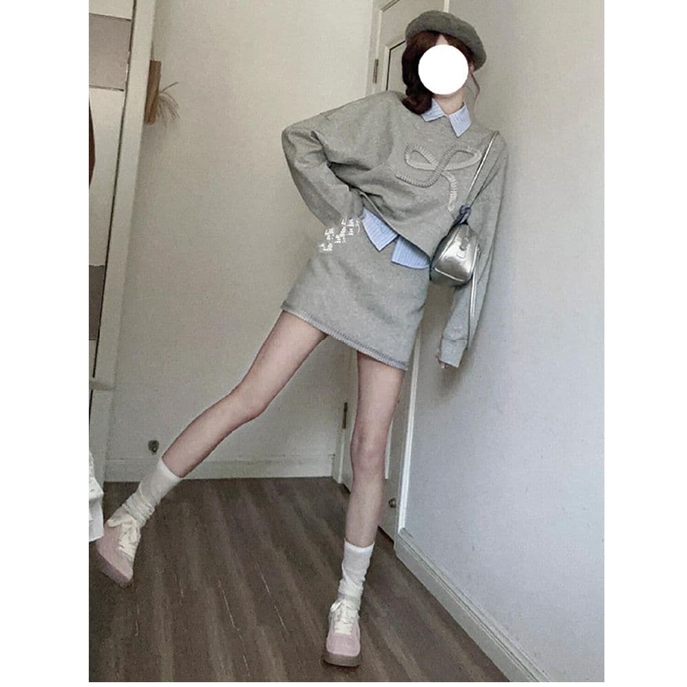 달콤한 스타일 나비 매듭 풀오버 스웨트셔츠 인사이드 가져 가라. 스트라이프 셔츠 이른 가을 하이웨이스트 반신 스커트 3종 세트 이미지 4