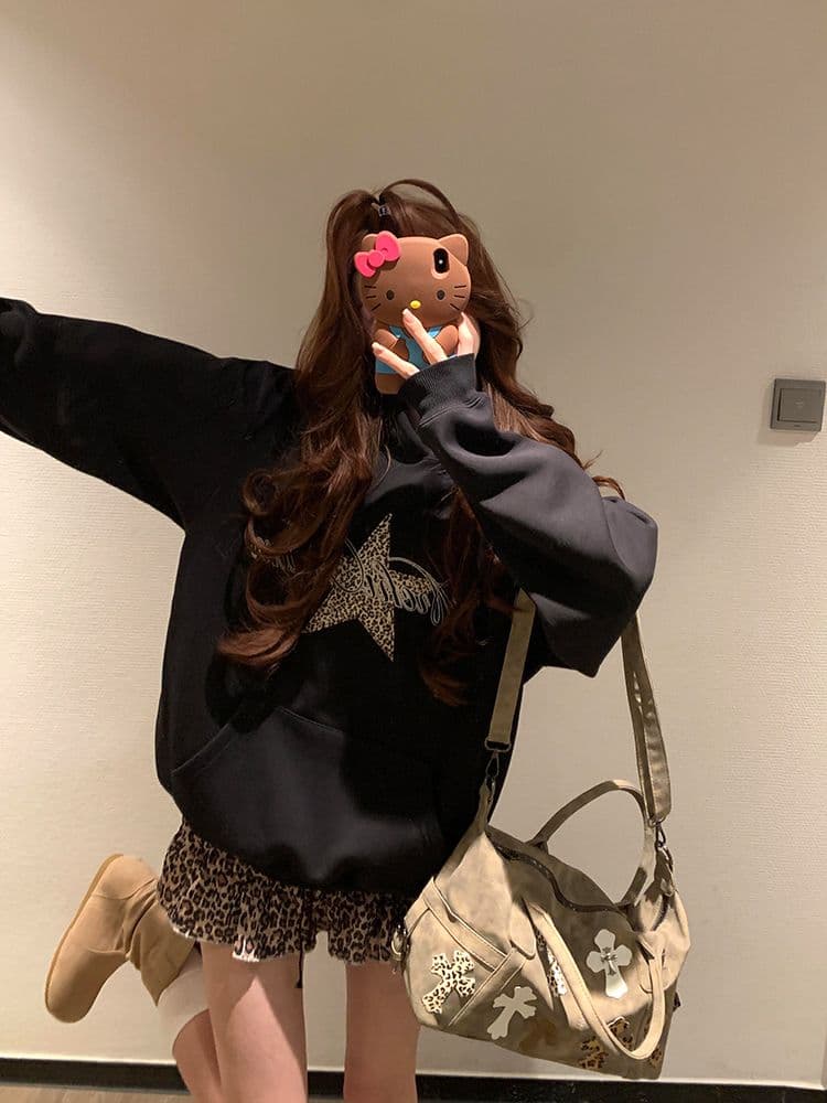 아메리칸 레트로 후드 레오파드 무늬 알파벳 후드티 여성 가을 겨울 루즈핏 오각형 별 디자인 품격 학원 스타일 재킷 트렌디