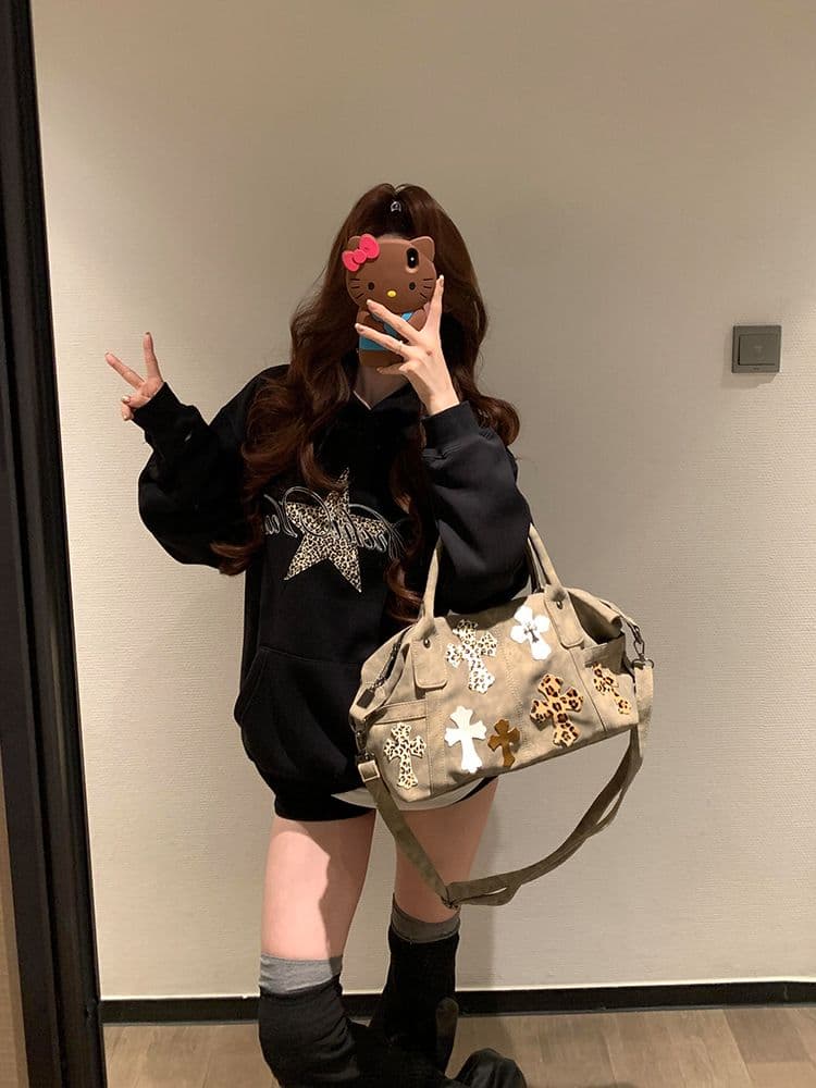 아메리칸 레트로 후드 레오파드 무늬 알파벳 후드티 여성 가을 겨울 루즈핏 오각형 별 디자인 품격 학원 스타일 재킷 트렌디 상세 이미지 4