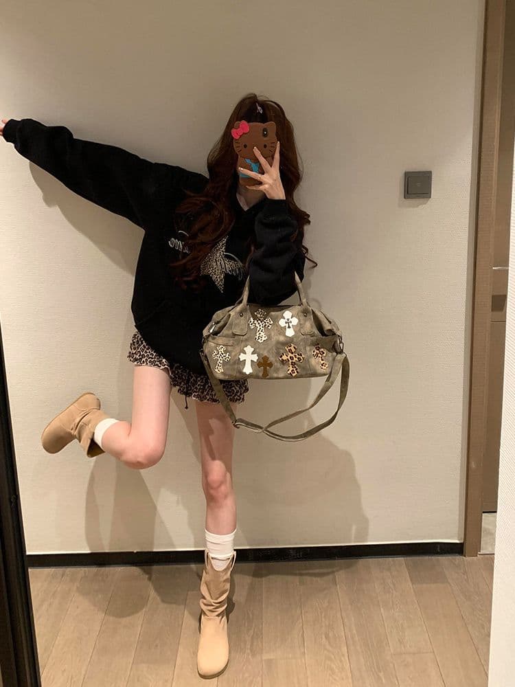 아메리칸 레트로 후드 레오파드 무늬 알파벳 후드티 여성 가을 겨울 루즈핏 오각형 별 디자인 품격 학원 스타일 재킷 트렌디 상세 이미지 5
