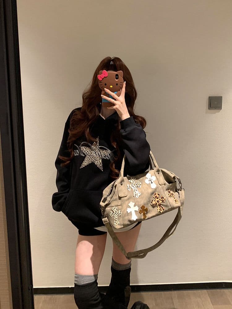 아메리칸 레트로 후드 레오파드 무늬 알파벳 후드티 여성 가을 겨울 루즈핏 오각형 별 디자인 품격 학원 스타일 재킷 트렌디 상세 이미지 7