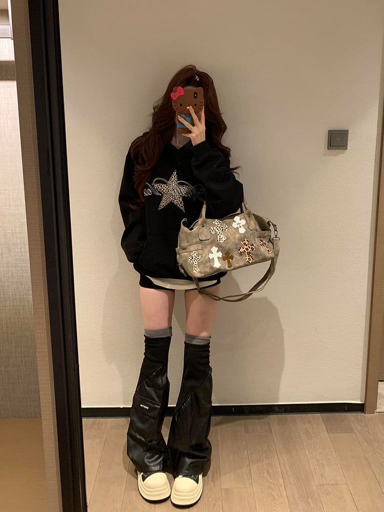 아메리칸 레트로 후드 레오파드 무늬 알파벳 후드티 여성 가을 겨울 루즈핏 오각형 별 디자인 품격 학원 스타일 재킷 트렌디 상세 이미지 8
