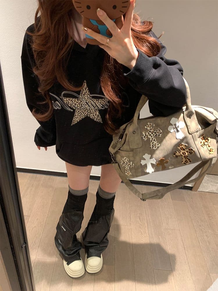 아메리칸 레트로 후드 레오파드 무늬 알파벳 후드티 여성 가을 겨울 루즈핏 오각형 별 디자인 품격 학원 스타일 재킷 트렌디 상세 이미지 9