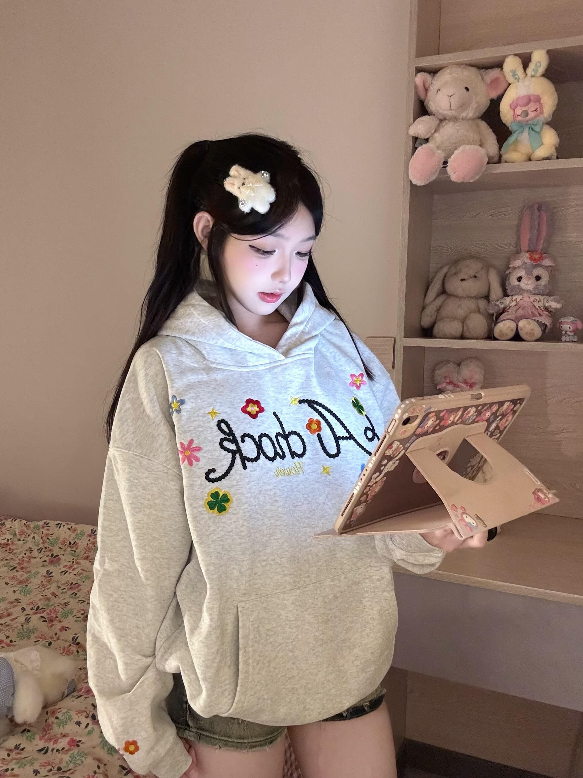 좋은 품질 한국 chic 아메리칸 2026 가을 루즈핏 자수 후드티 여성 순수한 Mianhua 면 트렌디 이미지 3