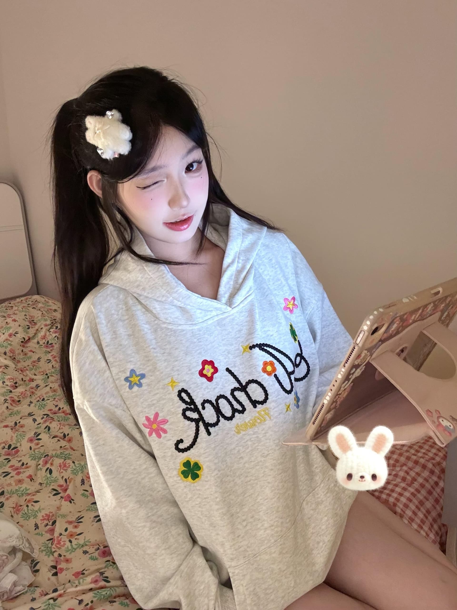 좋은 품질 한국 chic 아메리칸 2026 가을 루즈핏 자수 후드티 여성 순수한 Mianhua 면 트렌디 상세 이미지 5