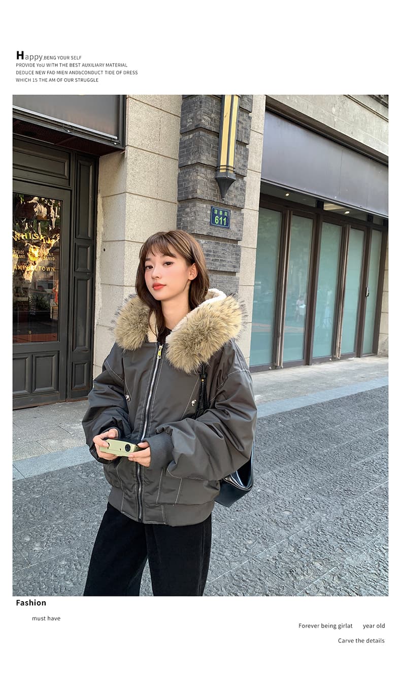 실사 모피 칼라 좌 산 조각 재킷 면 의류 남녀 루즈핏 아메리칸 워크웨어 새로운 재킷 털이 있는 보온 상세 이미지 10