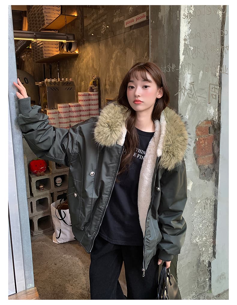 실사 모피 칼라 좌 산 조각 재킷 면 의류 남녀 루즈핏 아메리칸 워크웨어 새로운 재킷 털이 있는 보온 상세 이미지 14