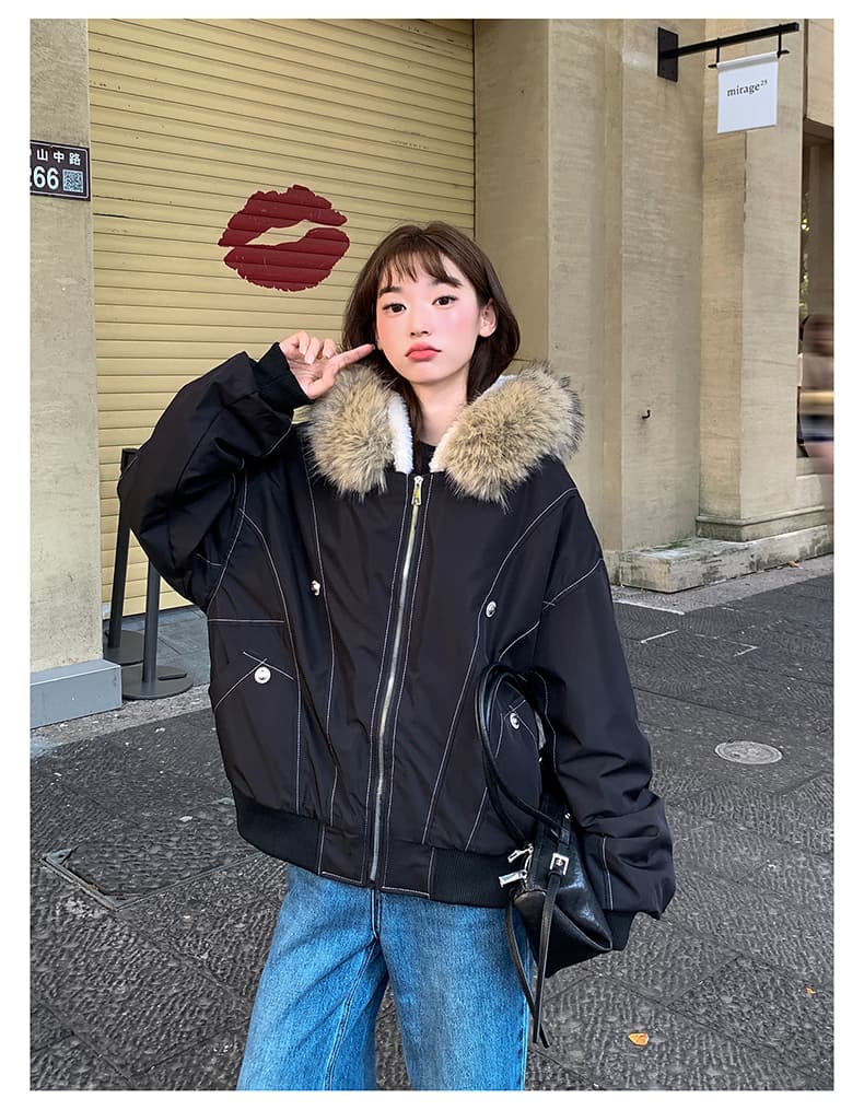 실사 모피 칼라 좌 산 조각 재킷 면 의류 남녀 루즈핏 아메리칸 워크웨어 새로운 재킷 털이 있는 보온 상세 이미지 21