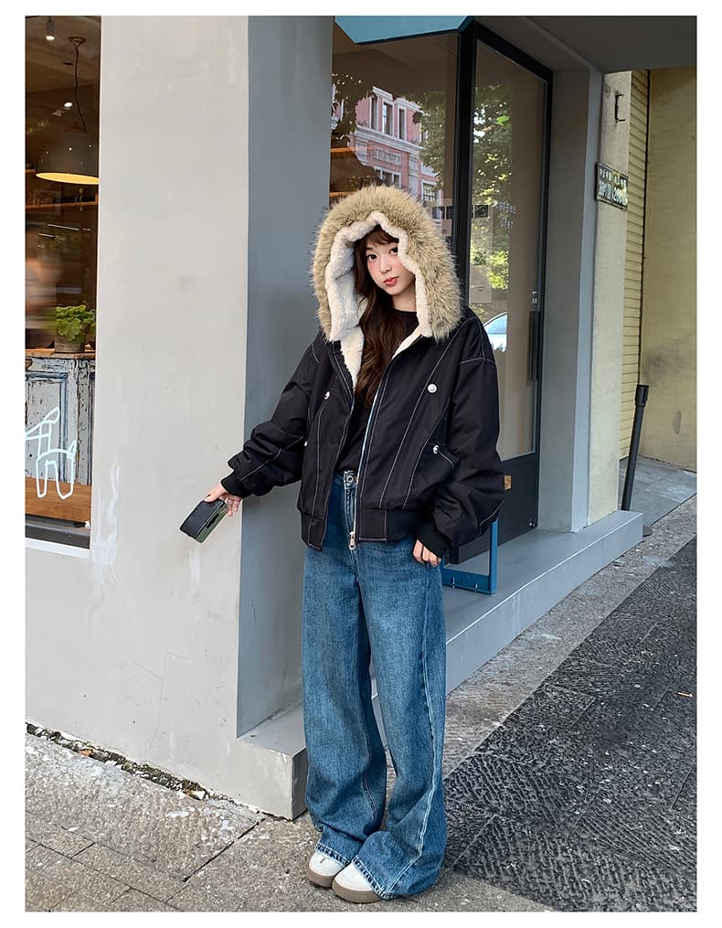 실사 모피 칼라 좌 산 조각 재킷 면 의류 남녀 루즈핏 아메리칸 워크웨어 새로운 재킷 털이 있는 보온 상세 이미지 26