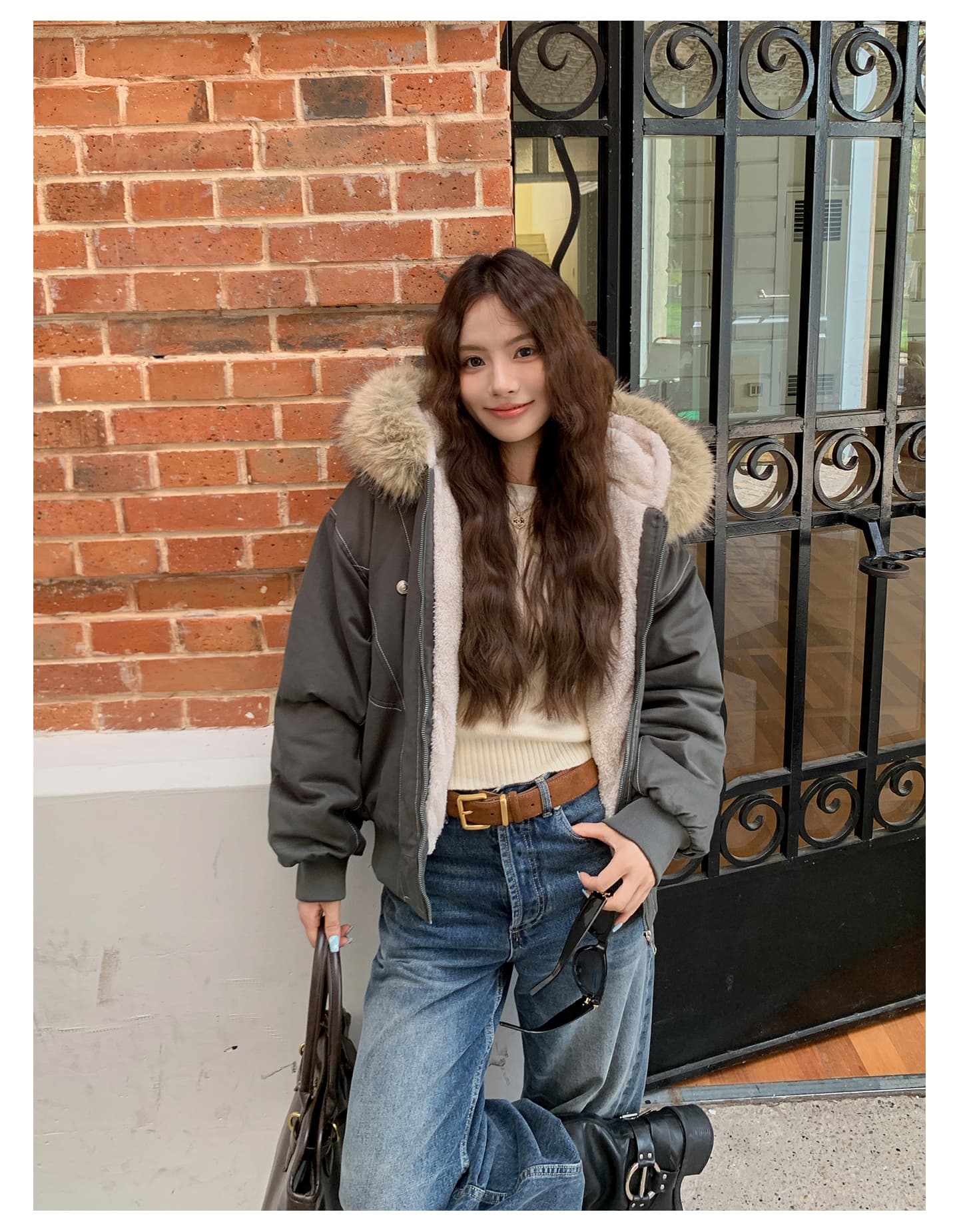 실사 모피 칼라 좌 산 조각 재킷 면 의류 남녀 루즈핏 아메리칸 워크웨어 새로운 재킷 털이 있는 보온 상세 이미지 33