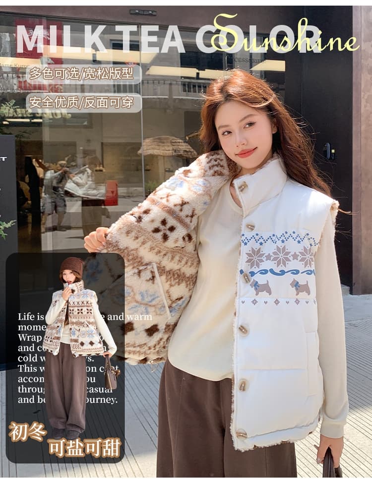 공정한 섬 양면 착용 양털 조끼 여자 외출용 겨울 두꺼운 보온 조끼 플리스 스탠드 칼라 면 의류 재킷 상세 이미지 2