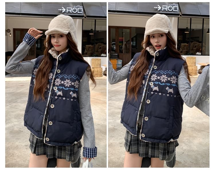 공정한 섬 양면 착용 양털 조끼 여자 외출용 겨울 두꺼운 보온 조끼 플리스 스탠드 칼라 면 의류 재킷 상세 이미지 21
