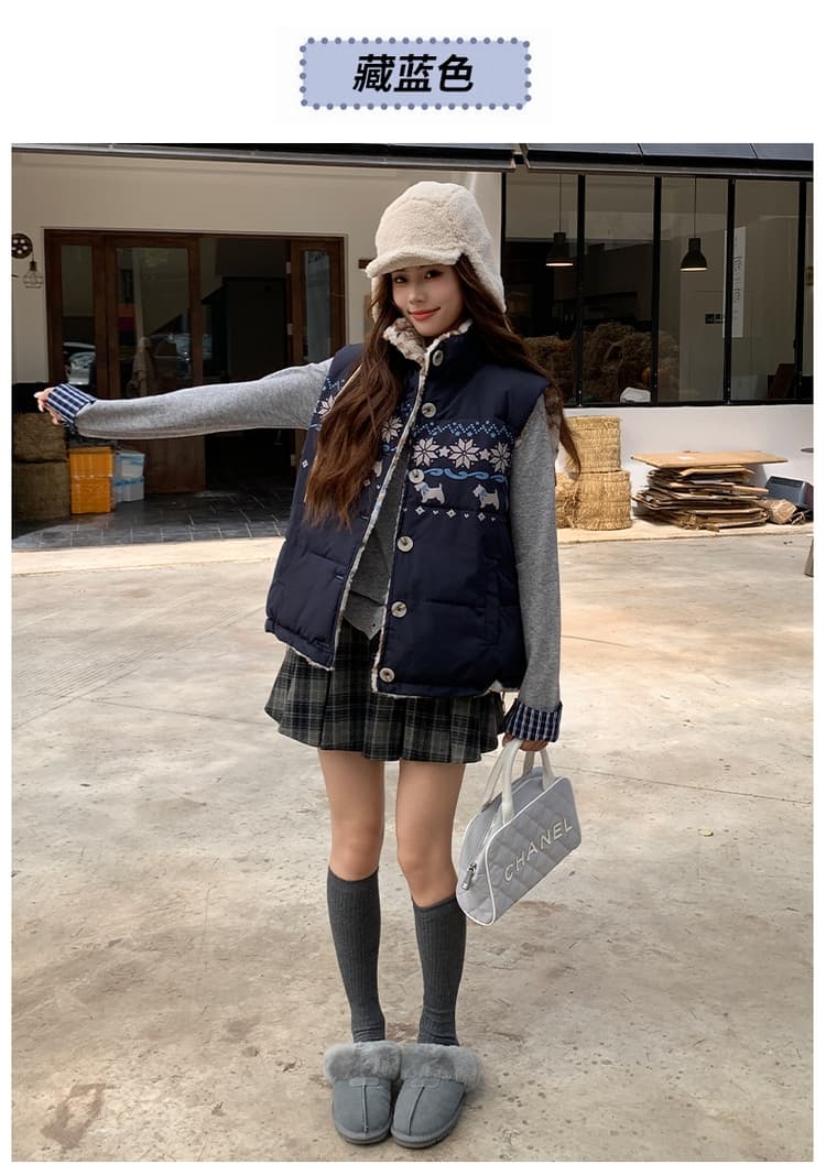 공정한 섬 양면 착용 양털 조끼 여자 외출용 겨울 두꺼운 보온 조끼 플리스 스탠드 칼라 면 의류 재킷 상세 이미지 22