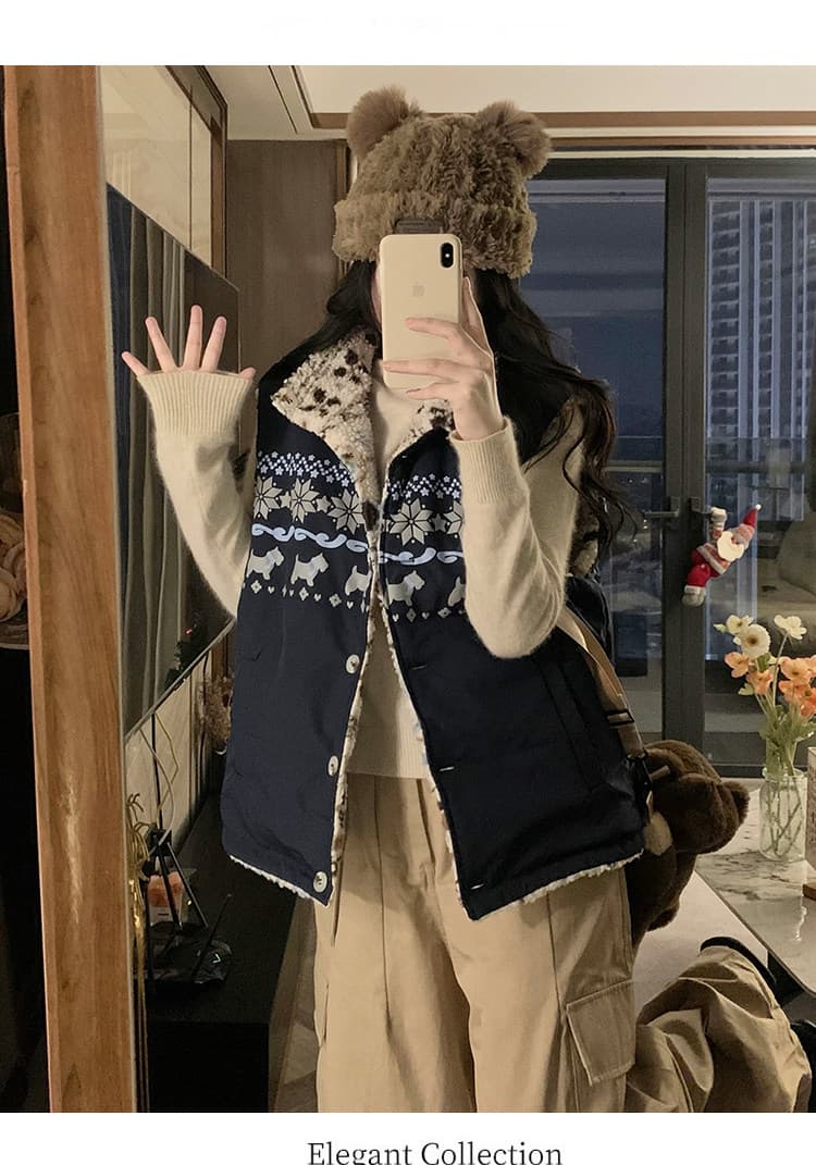 공정한 섬 양면 착용 양털 조끼 여자 외출용 겨울 두꺼운 보온 조끼 플리스 스탠드 칼라 면 의류 재킷 이미지 4