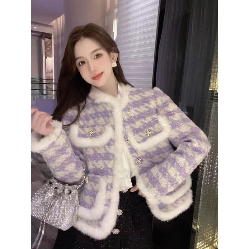 새로운 체크무늬 작은 샤넬 스타일 여성 코트 신선함 패션 바이올렛 명문 여성 두꺼운 솜을 넣은 모직 면 의류 긴팔