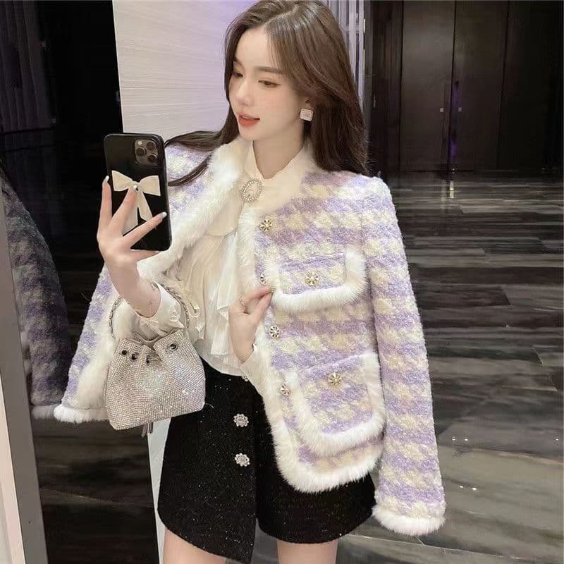 새로운 체크무늬 작은 샤넬 스타일 여성 코트 신선함 패션 바이올렛 명문 여성 두꺼운 솜을 넣은 모직 면 의류 긴팔 이미지 2